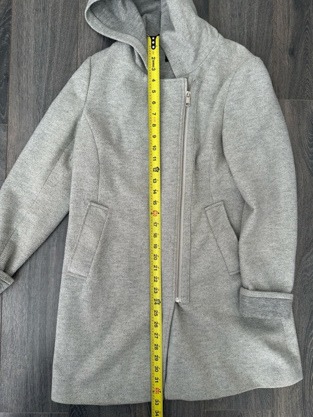 Le Chateau Grey Herringbone Asymmetrical Zip Hooded Jacket Long Chic Neutral Sm - Picture 5 of 14